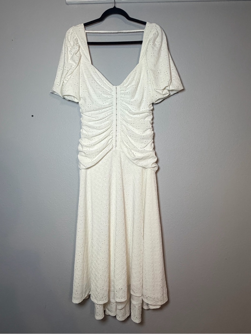 ASOS Design Cream Eyelet Ruched Midi Dress Size 12 Cottagecore Bride Graduation
